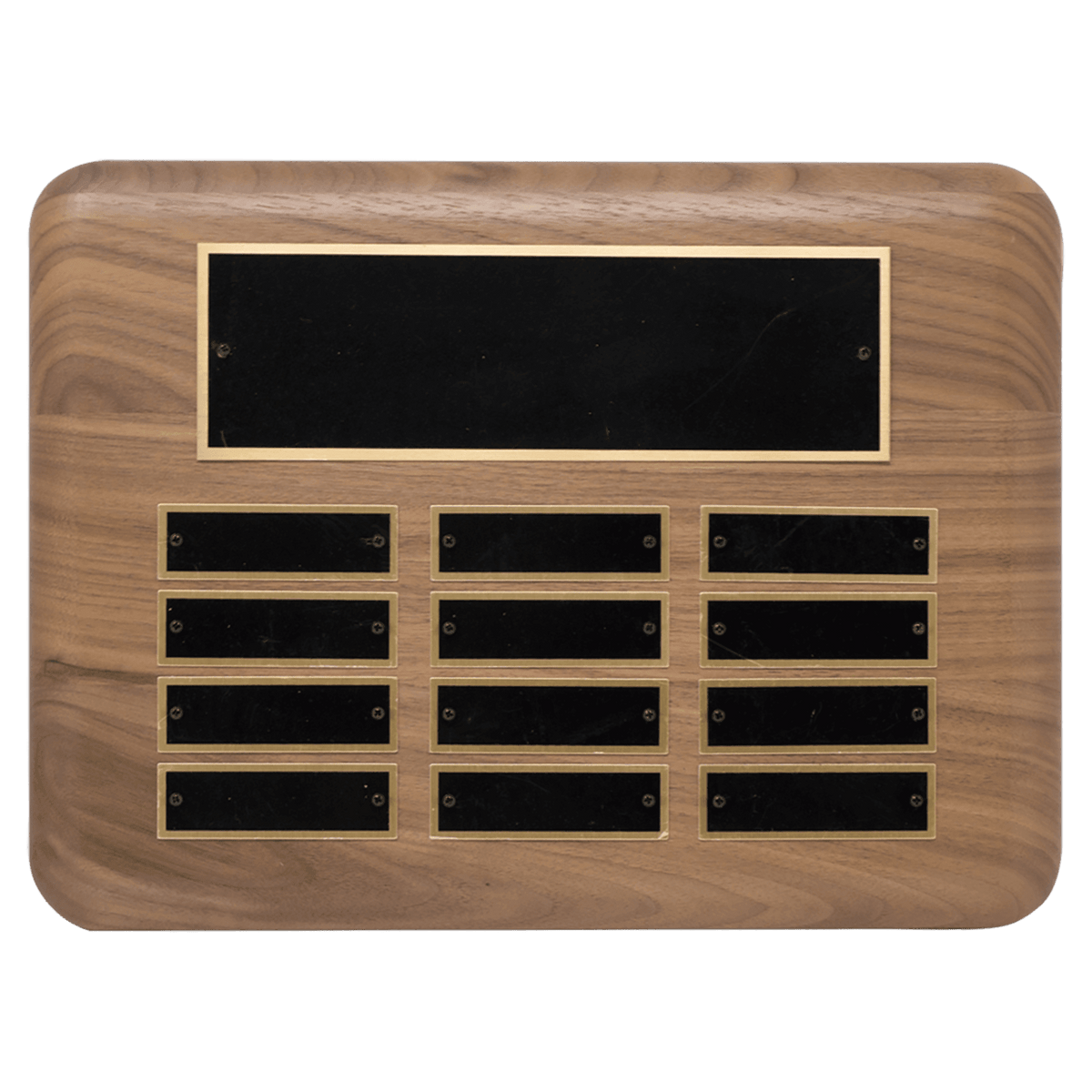 9" x 12"/Plates 7/8" x 2 3/4" American Walnut 12 Plate Perpetual Plaque with Black Brass Plated Steel Plates