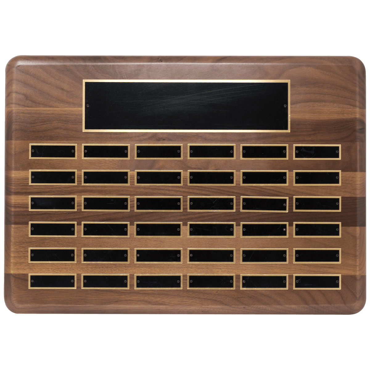 Walnut 36 Plate Perpetual Plaque with Black Brass 15" x 21"/Plates 7/8" x 2 3/4" American Plated Steel Plates