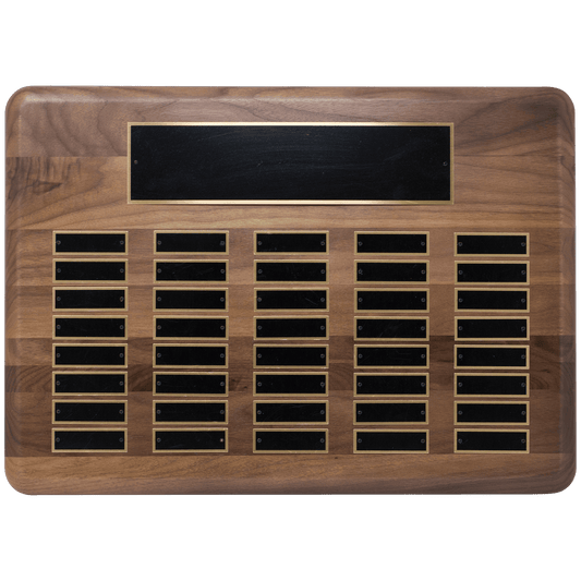 Walnut 40 Plate Perpetual Plaque with Black Brass 15" x 21"/Plates 7/8" x 2 3/4" American Plated Steel Plates