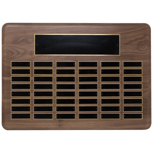 Walnut 48 Plate Perpetual Plaque with Black Brass 15" x 21"/Plates 7/8" x 2 3/4" American Plated Steel Plates