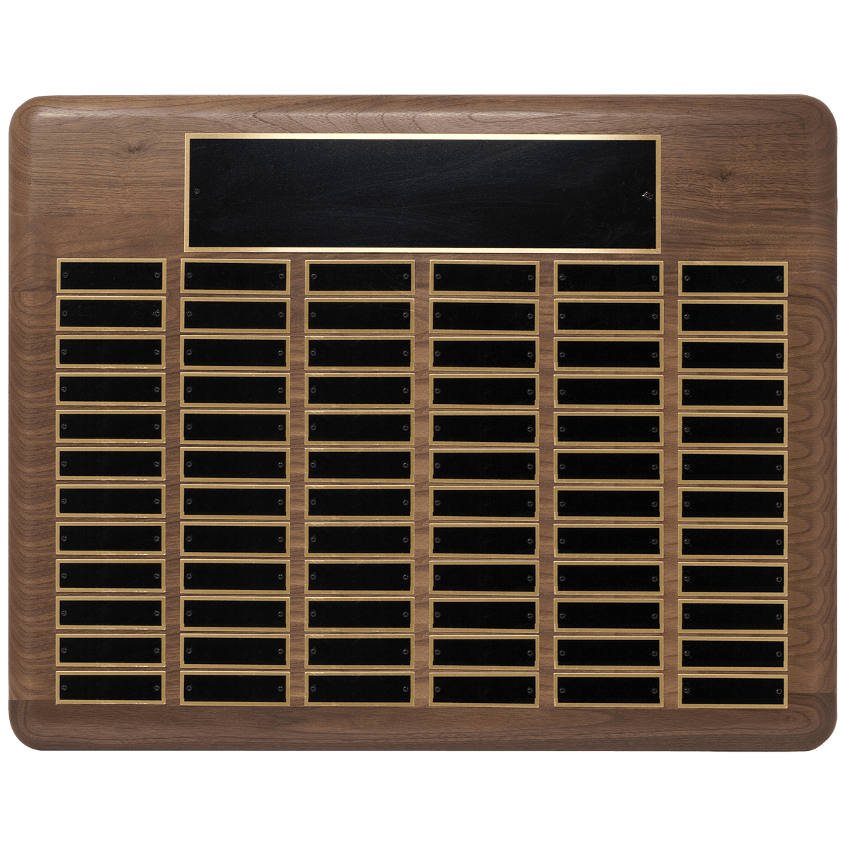 Walnut 72 Plate Perpetual Plaque with Black Brass 22" x 30"/Plates 7/8" x 2 3/4" American Plated Steel Plates