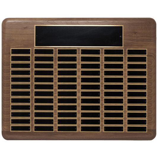 Walnut 80 Plate Perpetual Plaque with Black Brass 22" x 30"/Plates 7/8" x 2 3/4" American Plated Steel Plates