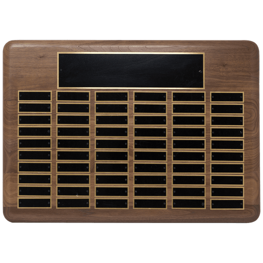 Walnut 96 Plate Perpetual Plaque with Black Brass 22" x 30"/Plates 7/8" x 2 3/4" American Plated Steel Plates