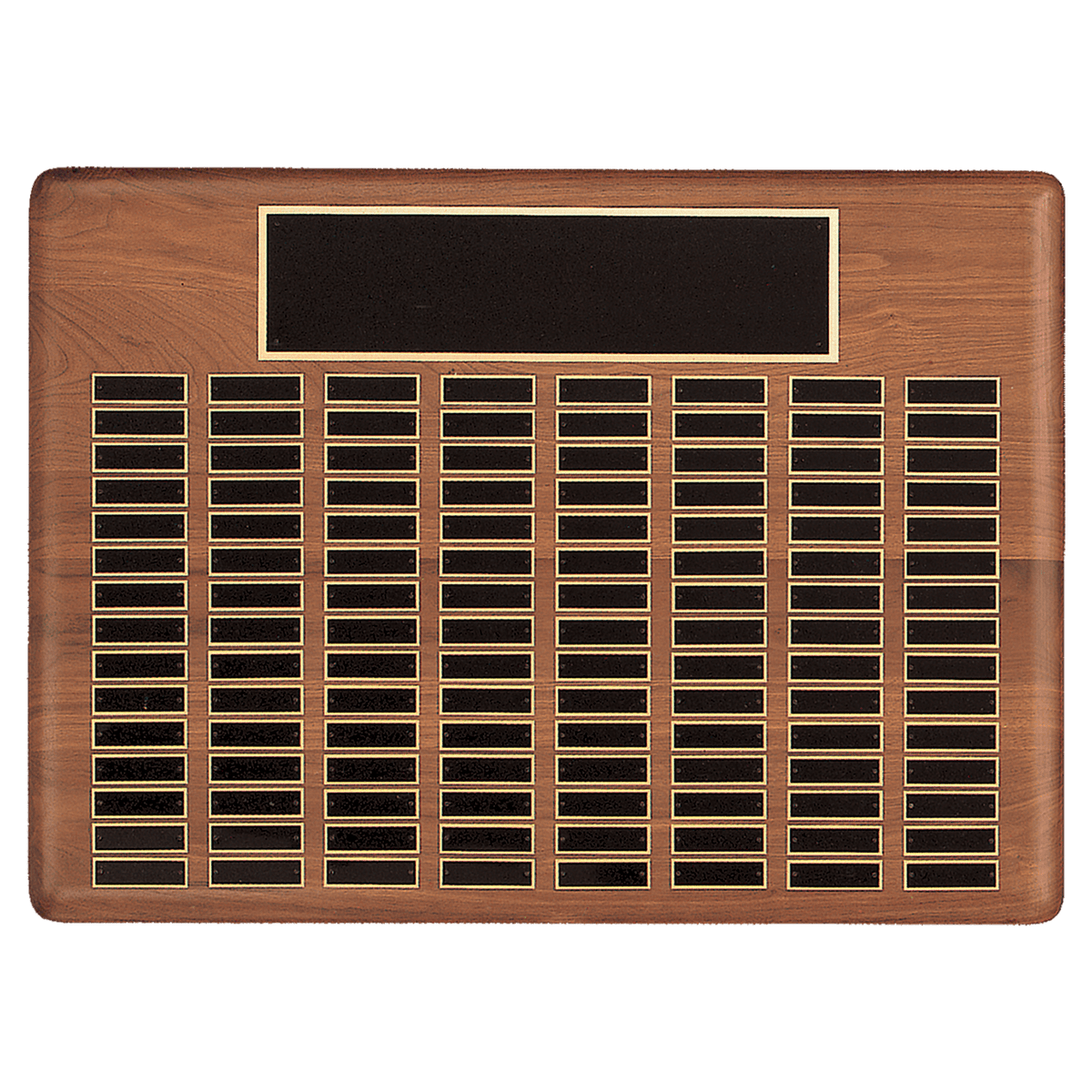 Walnut 144 Plate Perpetual Plaque with Black Brass 22" x 30"/Plates 7/8" x 2 3/4" American Plated Steel Plates