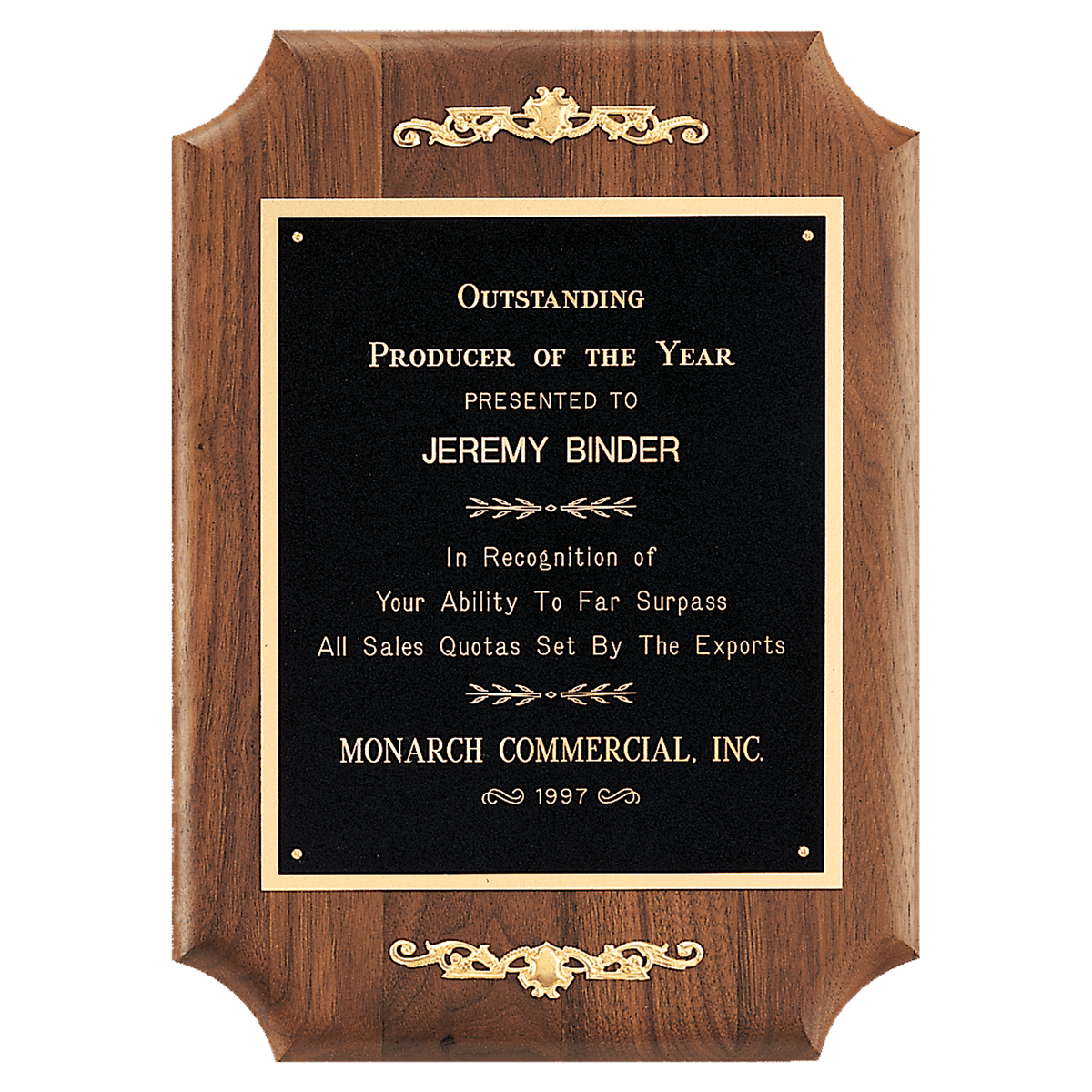 9" x 12" American Walnut Scalloped Corner Plaque with Gold Scrolls and Go ld Border Black Laser Engravable Plate