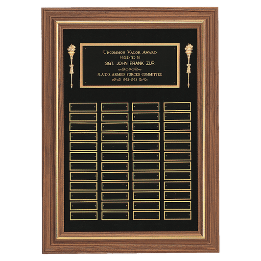 Walnut 36 Plate Perpetual Plaque with Black Brass 18" x 25"/Plates 7/8" x 2 3/4" American Plates