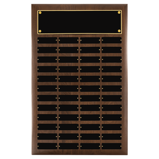 Walnut 48 Plate Perpetual Plaque with Black Brass 16" x 24"/Plates 1" x 3 1/4" American Plates