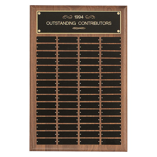 Walnut 60 Plate Perpetual Plaque with Black Brass 16" x 24"/Plates 1" x 3 1/4" American Plates