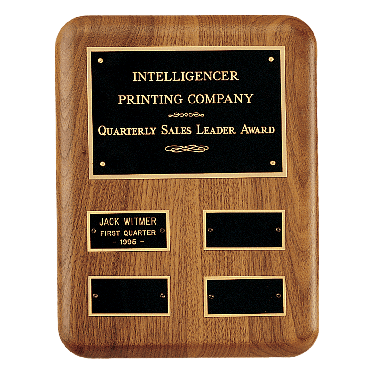 8" x 10 1/2"/Plates 1 1/4" x 2 1/2" American Walnut AirFlyte Edge Quarterly Award Perpetual Plaque wth Black Brass Plates