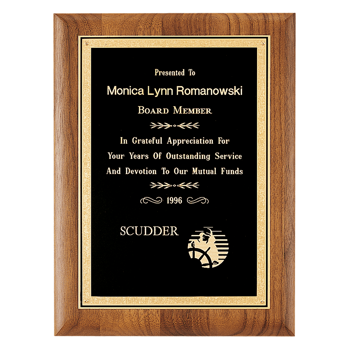 9" x 12" Coventry Series American Walnut Plaque with Gold Florentine Border Textured Black LaserFX Plate