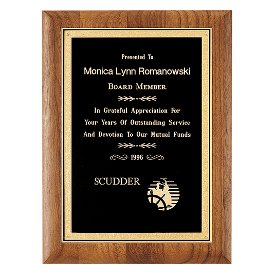 11" x 14" Coventry Series American Walnut Plaque with Gold Florentine Border Textured Black LaserFX Plate