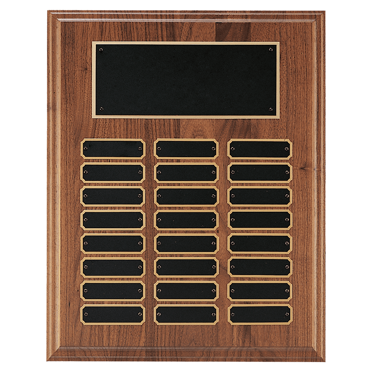 12" x 15" Walnut Step-Edge 24 Plate Perpetual Plaque with Black Brass Plate