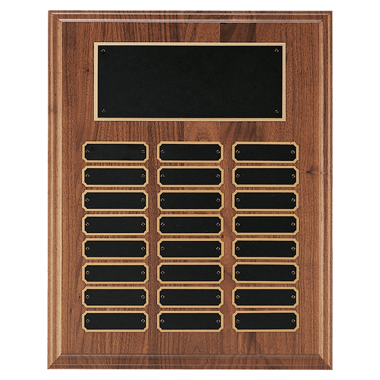 12" x 15" Walnut Step-Edge 24 Plate Perpetual Plaque with Black Brass Plate