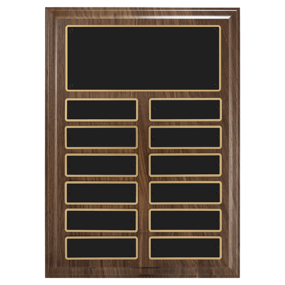 9" x 12"/Plates 1" x 3 1/4" Walnut Step-Edge 12 Plate Perpetual Plaque with Black Brass Plate
