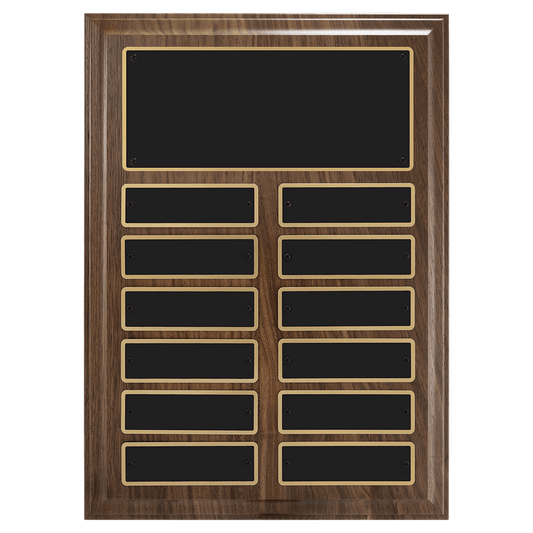 9" x 12"/Plates 1" x 3 1/4" Walnut Step-Edge 12 Plate Perpetual Plaque with Black Brass Plate