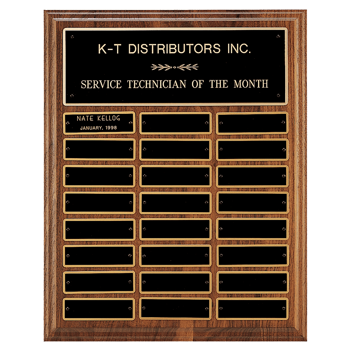 12" x 15"/Plates 1" x 3 1/4" Walnut Step-Edge 24 Plate Perpetual Plaque with Black Brass Plate