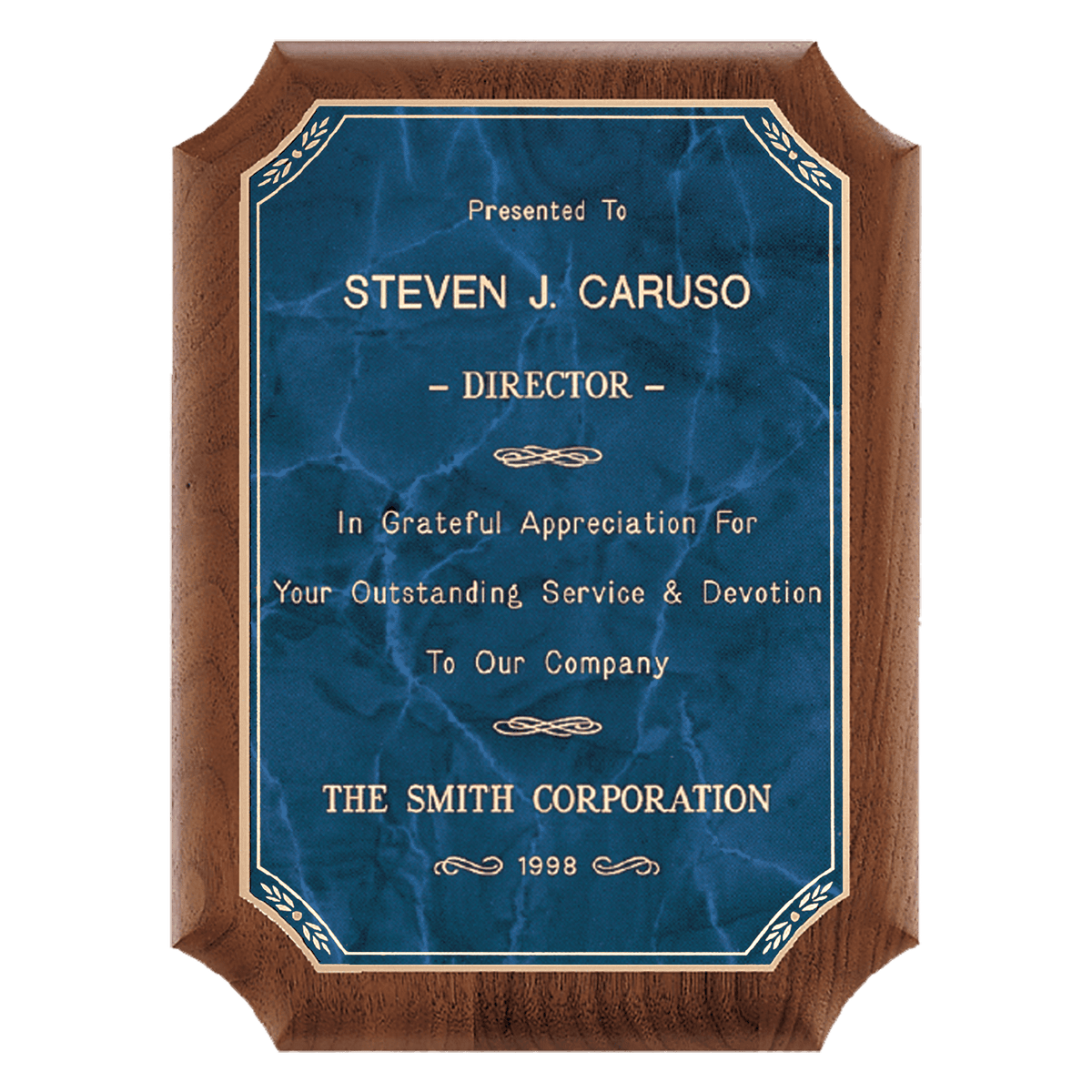 Walnut Plaque with Gold 2 8" x 10 1/2" American Border Sapphire Marble LaserFX Plate