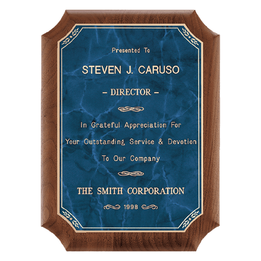 Walnut Plaque with Gold 2 8" x 10 1/2" American Border Sapphire Marble LaserFX Plate