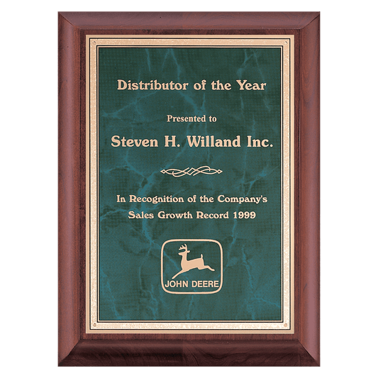 Cherry Finish Plaque with Emerald Marble Gold 8" x 10" Hand Rubbed Border LaserFX Plate