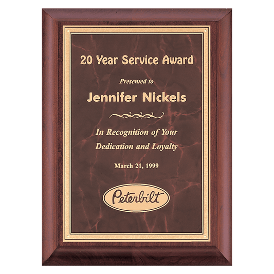 Cherry Finish Plaque with Ruby Marble Gold 9" x 12" Hand Rubbed Border LaserFX Plate