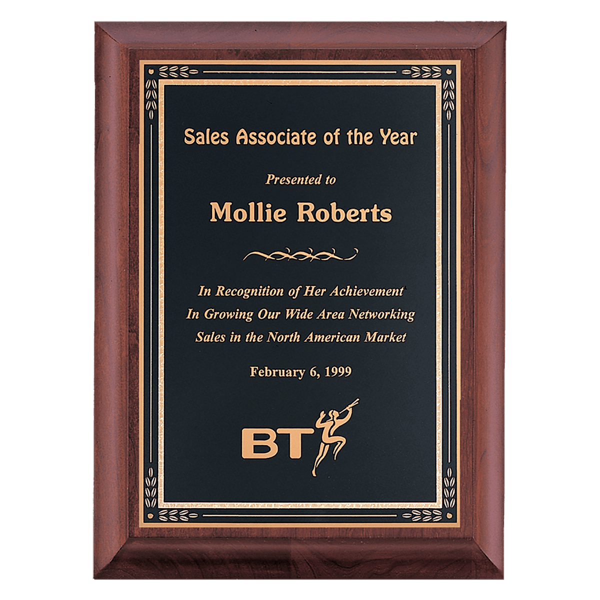 Cherry Finish Plaque with Black Gold 8" x 10" Hand Rubbed Florentine Border LaserFX Plate
