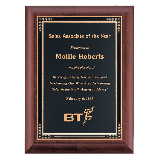 Cherry Finish Plaque with Black Gold 9" x 12" Hand Rubbed Florentine Border LaserFX Plate