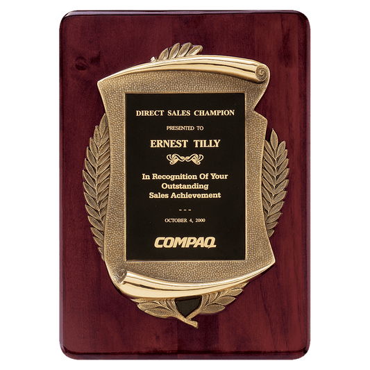 11" x 15" Rosewood Piano Finish Plaque w/Antique Bronze Scroll Frame and Black Brass Plate