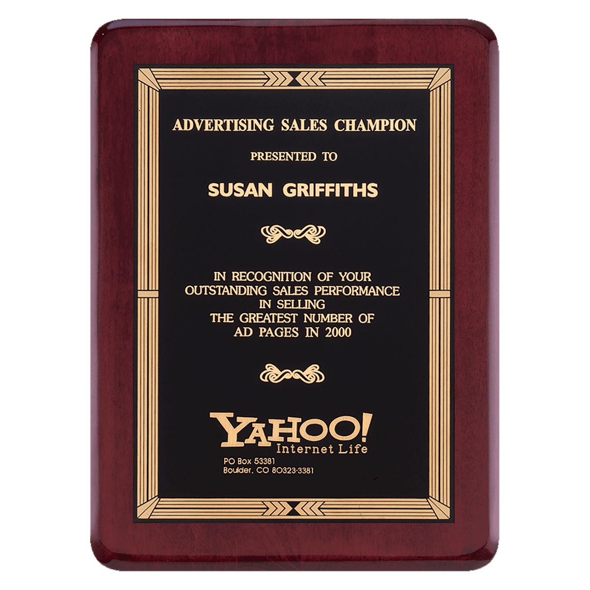 Rosewood Piano Finish Plaque with Gold Border Black Laserable Brass 2 9" x 12" Airflyte Premium Plate