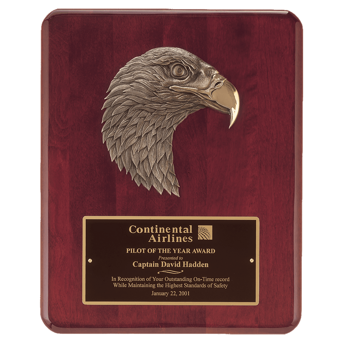 Rosewood Piano Finish Plaque with Finely Detailed Bronze Eagle Head Casting with Black Laserable Brass 10 1/2" x 13" Plate