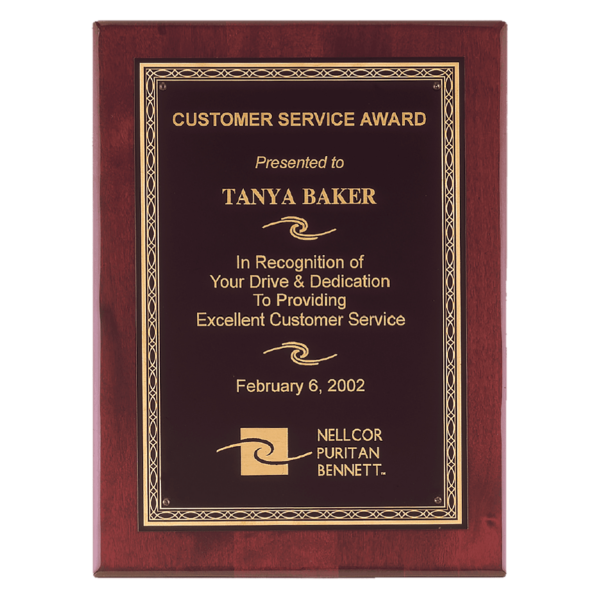 Rosewood Piano Finish Plaque with Gold Florentine Border Laserable Black Brass 8" x 10" Airflyte Premium Plate