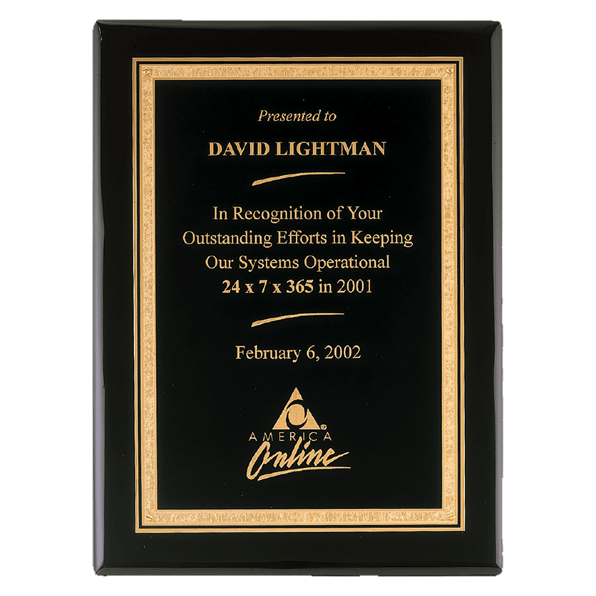 8" x 10" Airflyte Premium Black Piano Finish Plaque with Gold Florentine Border LaserFX Plate