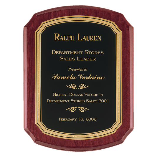 101/2" x 13" Airflyte Rosewood Piano Finish Plaque with Black/Gold Florentine Border LaserFX Plate