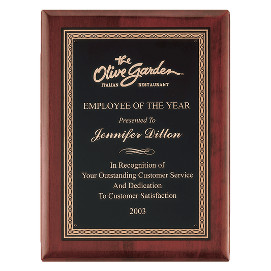 10 1/2" x 13" Airflyte Premium Rosewood Piano Finish Plaque with Gold Border Black Laserable Brass Plate