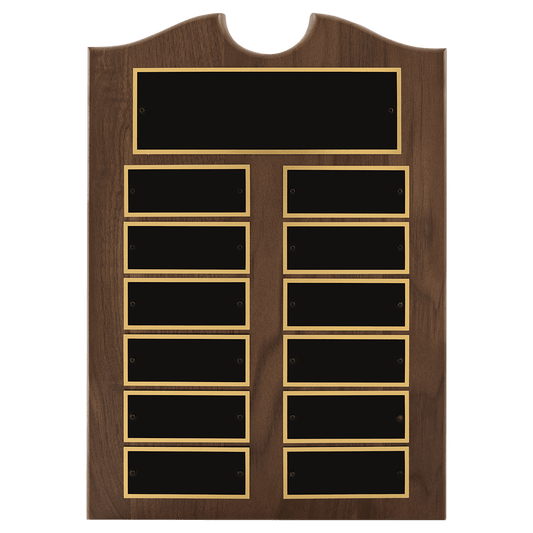 Walnut 12 Plate Perpetual Plaque with Black Brass 2 11" x 15"/Plates 1 1/2" x 3 3/4" American Plates