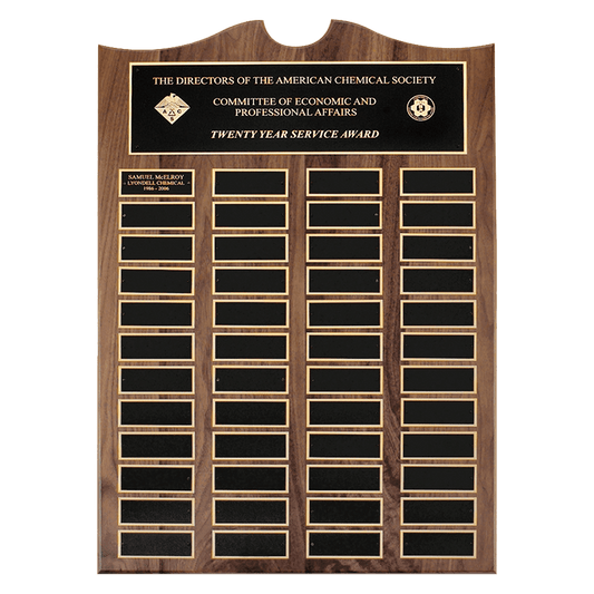 Walnut 48 Plate Perpetual Plaque with Black Brass 2 20" x 30"/Plates 1 1/2" x 3 3/4" American Plates