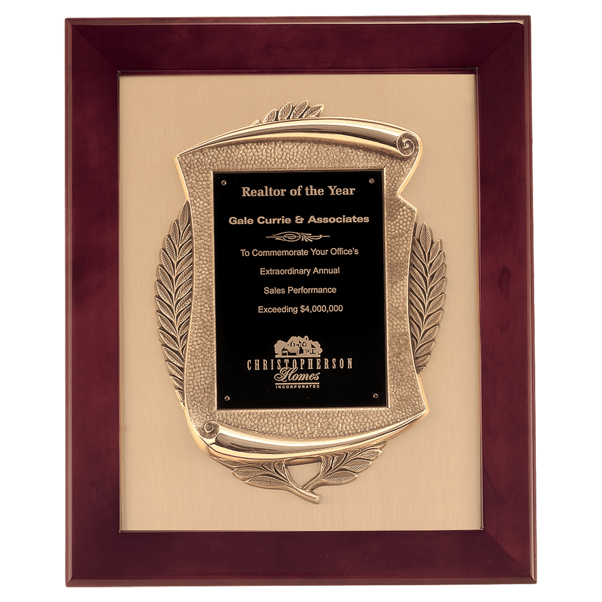 14" x 17" Rosewood Piano Finish Frame with Antique Bronze Casting with Black LaserFX Plate on Brushed Gold Metal Background