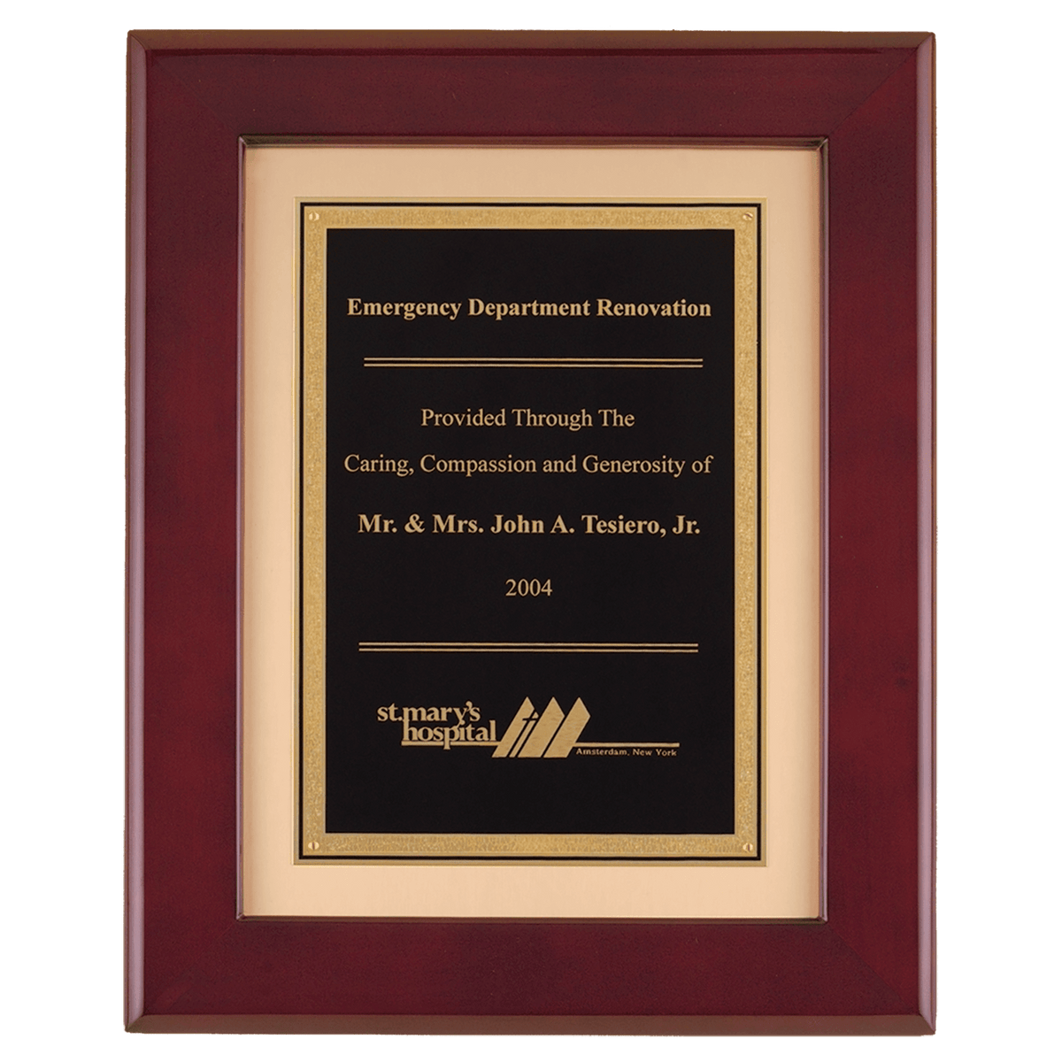 12" x 15" Rosewood Piano Finish Frame with Black LaserFX Plate on Brushed Gold Metal Background