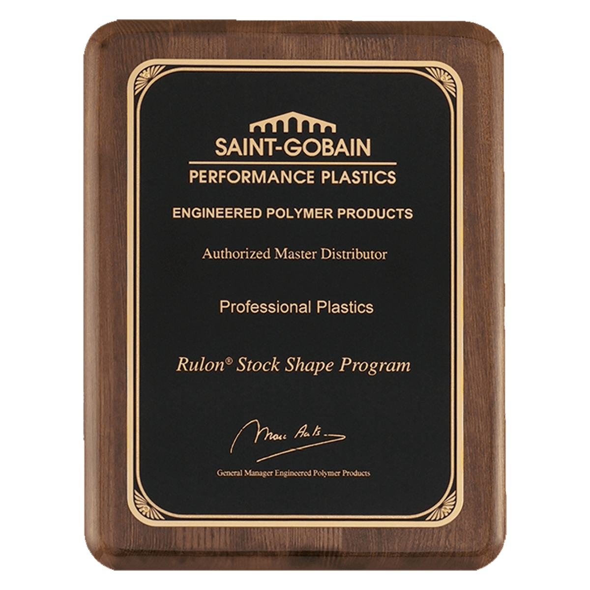 Walnut Piano Finish Plaque with Gold 7" x 9" Airflyte Premium Florentine Border LaserFX Plate