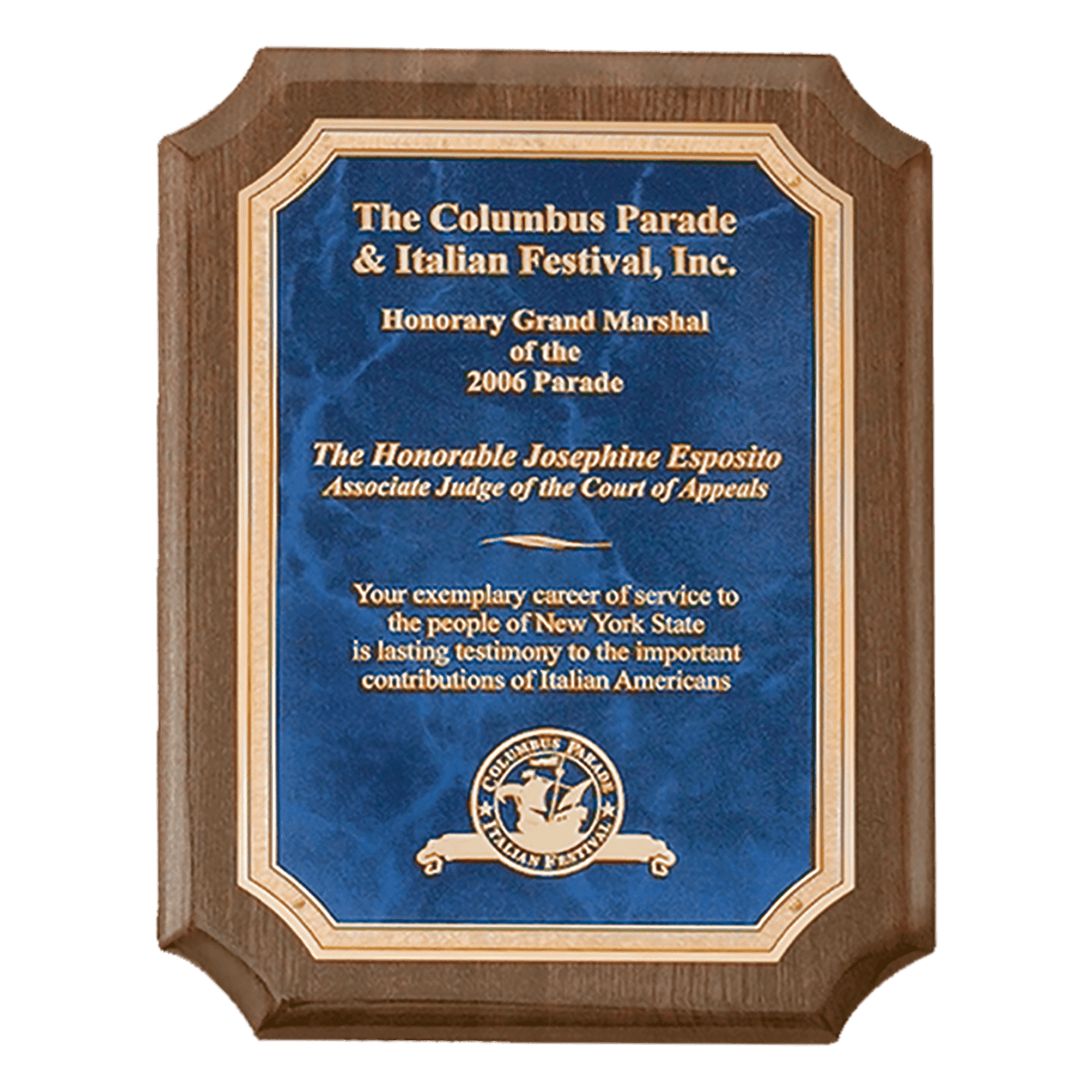 Walnut Piano Finish Plaque with Gold 2 7" x 9" Airflyte Premium Florentine Border Sapphire Marble LaserFX Plate