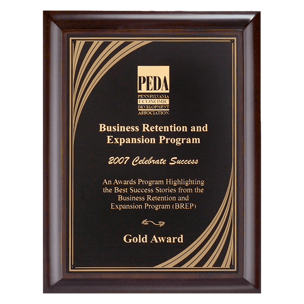 8" x 10" Hand Rubbed Cherry Finish Plaque with Cascading Gold Swirl Design Laserable Black Brass Plate