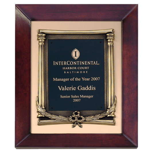 12" x 15" Airflyte Cherry Finish Frame with Antique Bronze Finished Metal Frame on a Brushed Gold Metal Background with a Laserable Black Brass Plate
