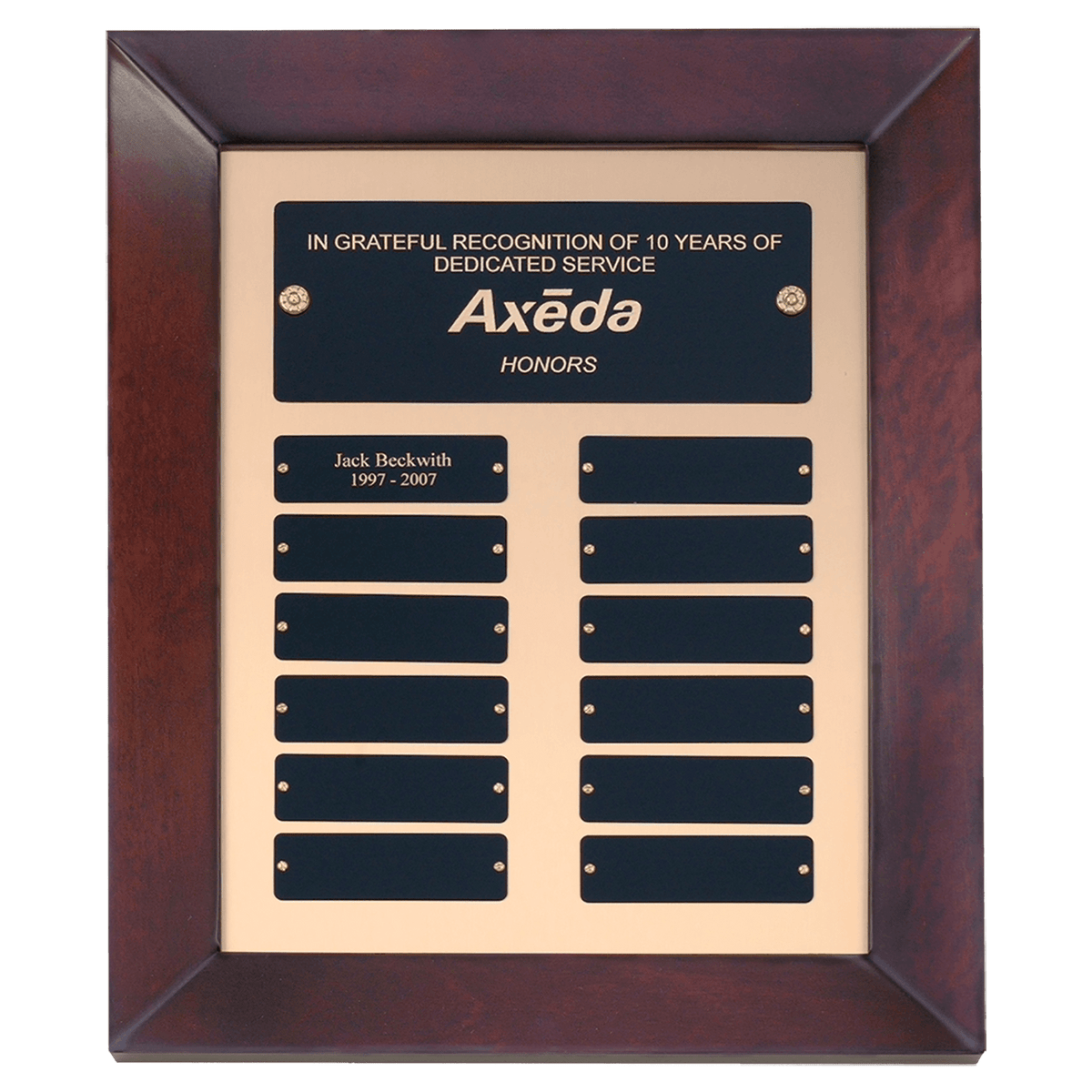 12" x 15" Airflyte Cherry Finish Frame Perpetual Plaque with Gold Metal Background and 12 Laserable Black Brass Plates
