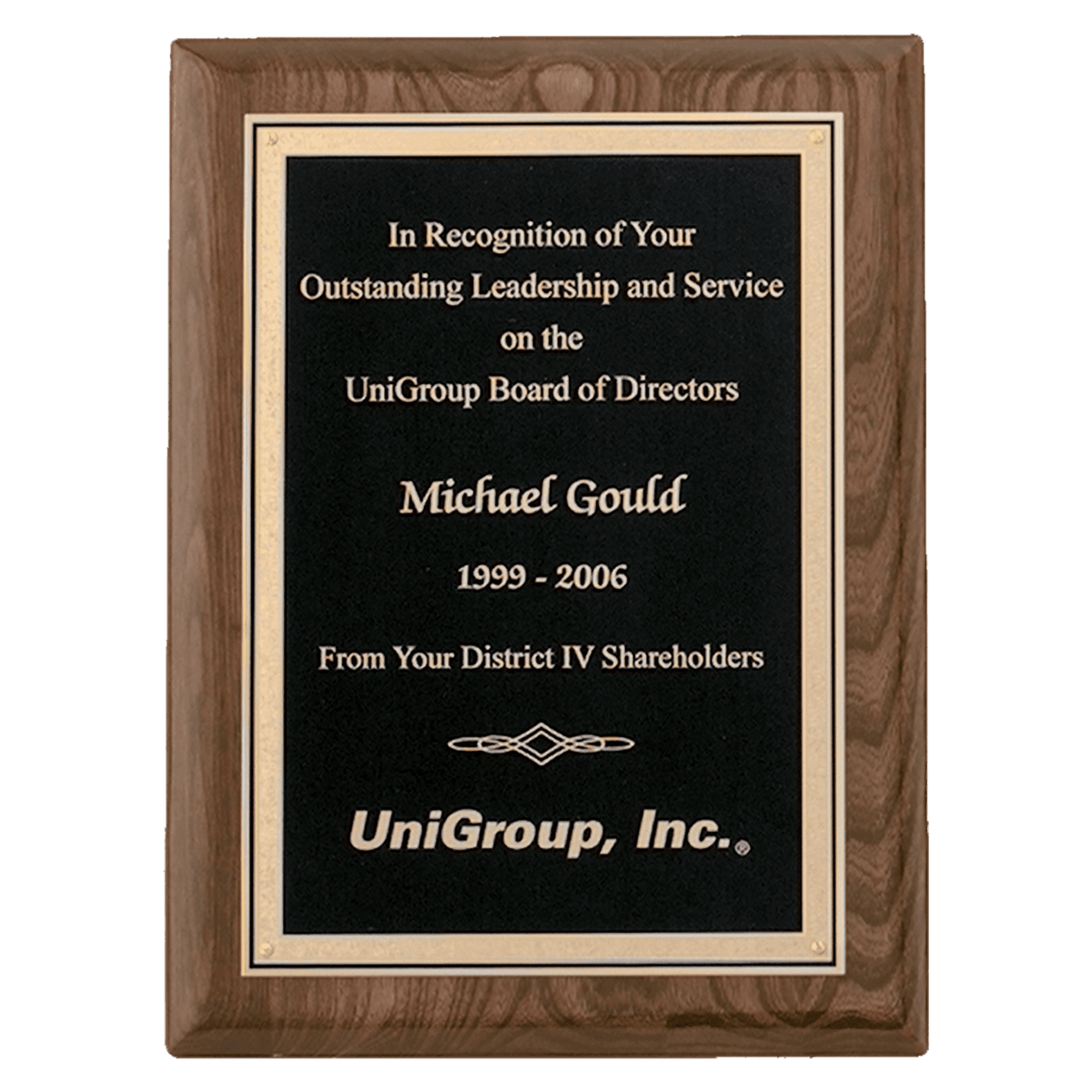 Walnut Piano Finish Plaque with Textured Black/Gold 8" x 10" Airflyte Florentine Border LaserFX Plate