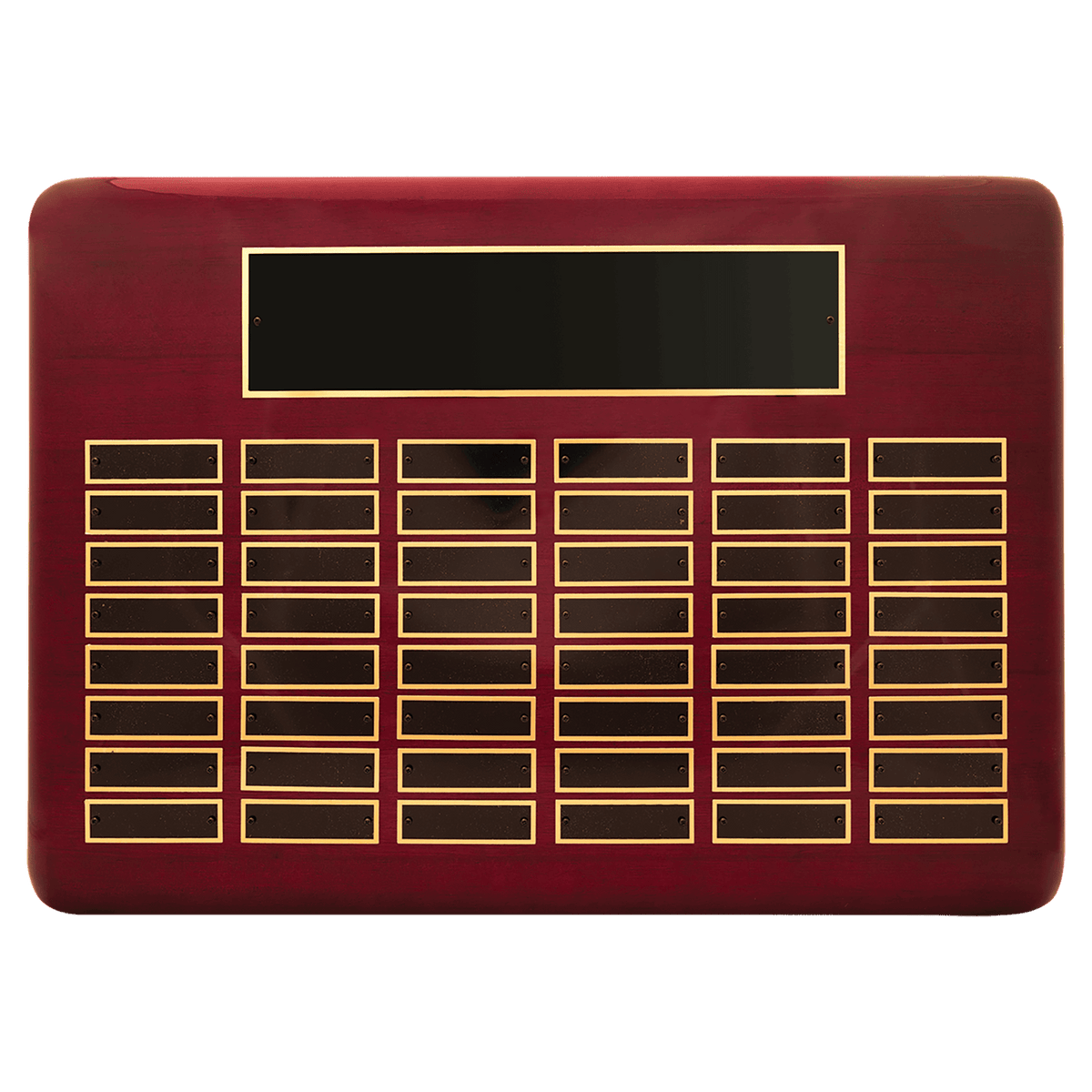 Rosewood Piano Finish 48 Plate Perpetual Plaque with Black Brass 15" x 21"/Plates 7/8" x 2 3/4" Plates