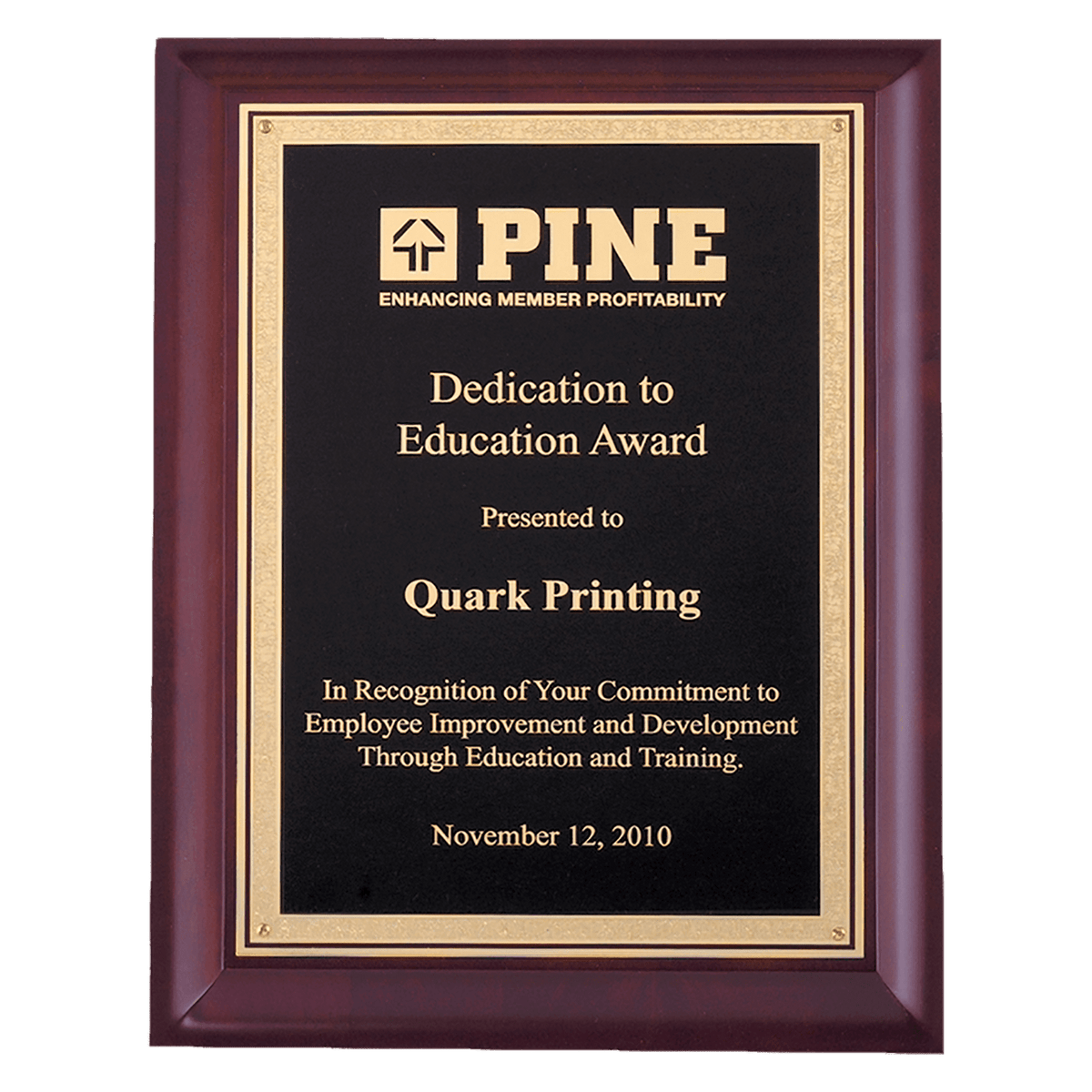 Hand Rubbed Cherry Finish Plaque with Gold Florentine Border Black LaserFX Plate