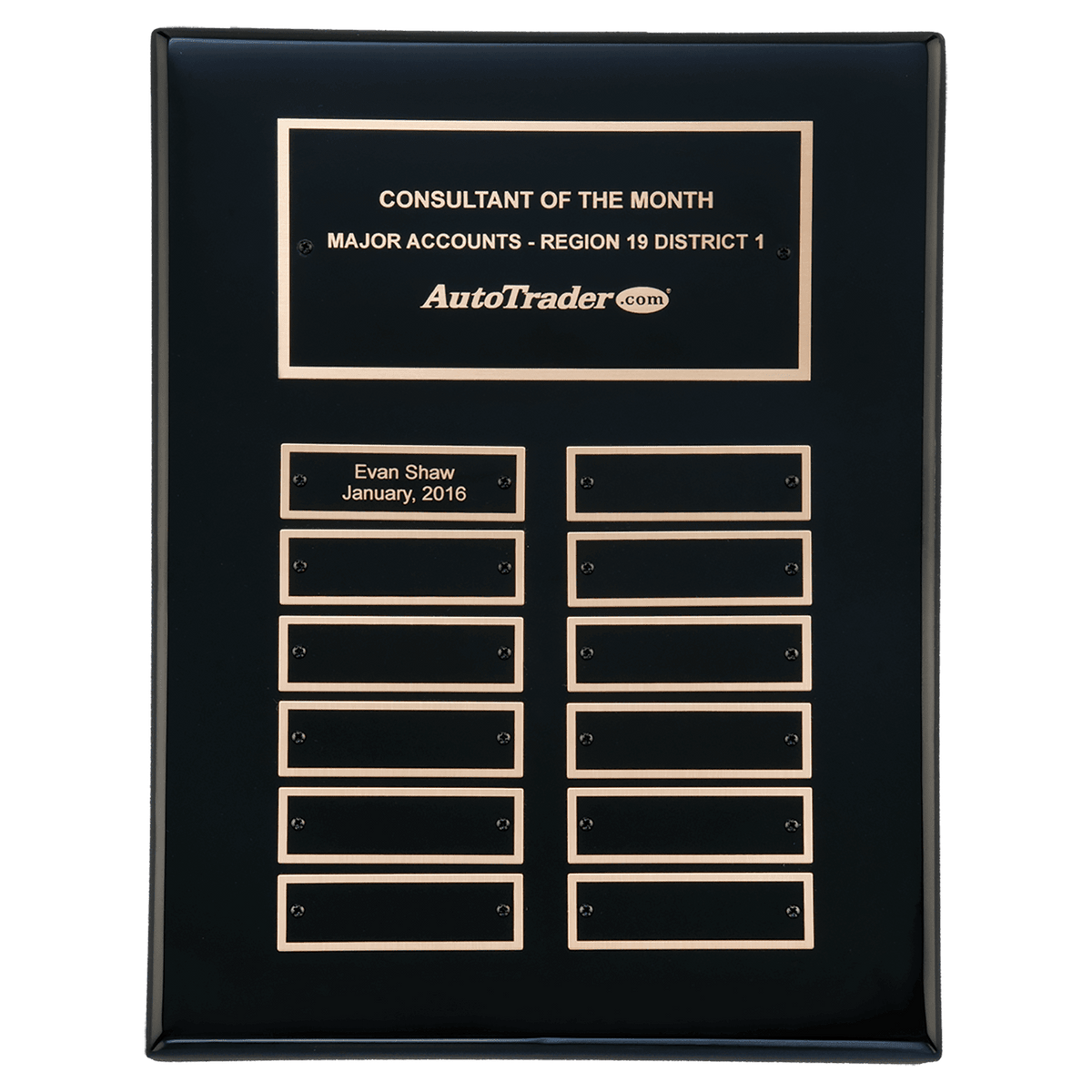 9" x 12" Airflyte Black Piano Finish 12 Plate Perpetual Plaque with Black Brass Plates