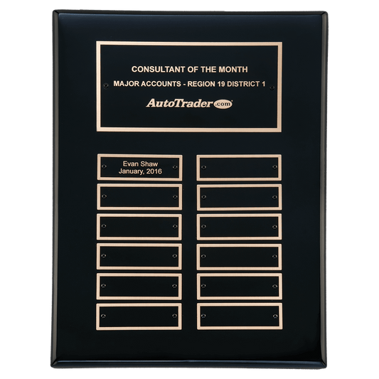 9" x 12" Airflyte Black Piano Finish 12 Plate Perpetual Plaque with Black Brass Plates