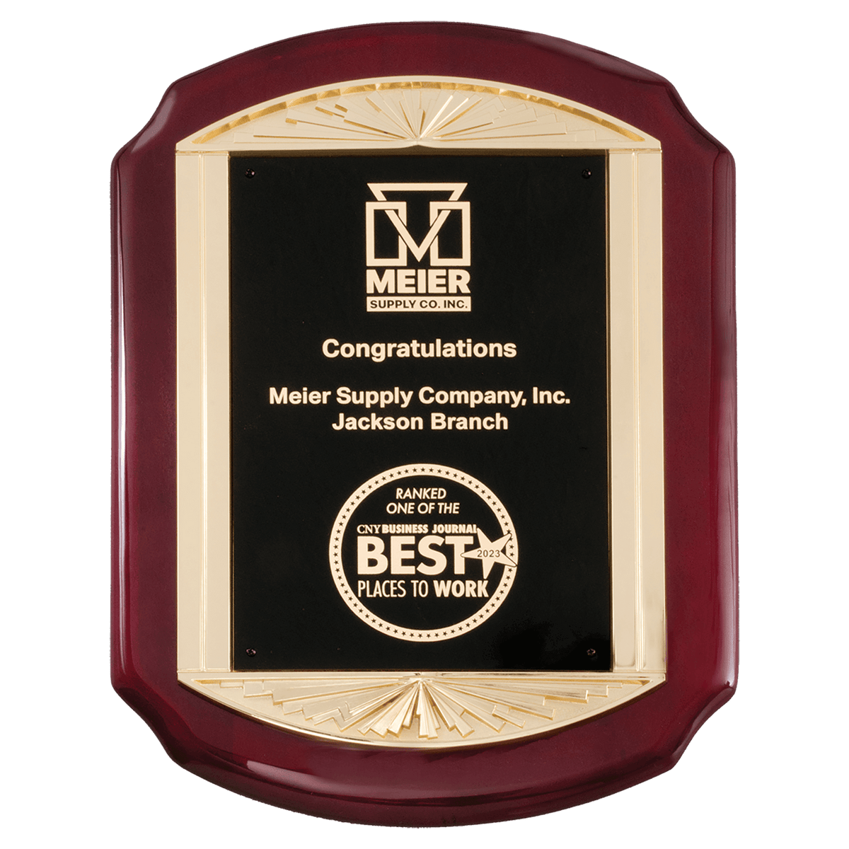 11" x 15" Rosewood Piano Finish Plaque with Metal Gold Sunburst Frame Casting and Black LaserFX Plate