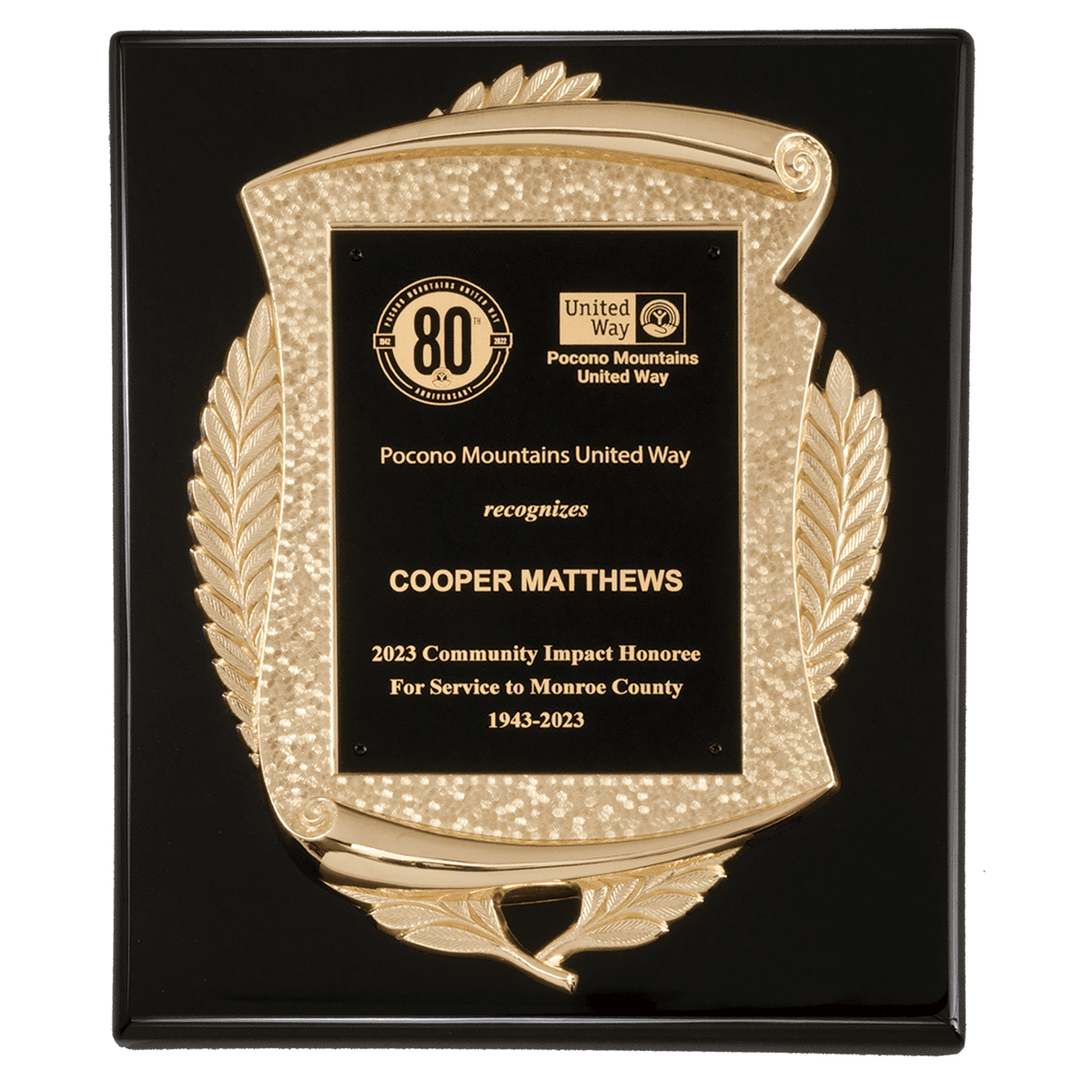 10 1/2" x 13" Black High Gloss Plaque with Metal Gold Scroll Frame Casting with Black LaserFX Plate