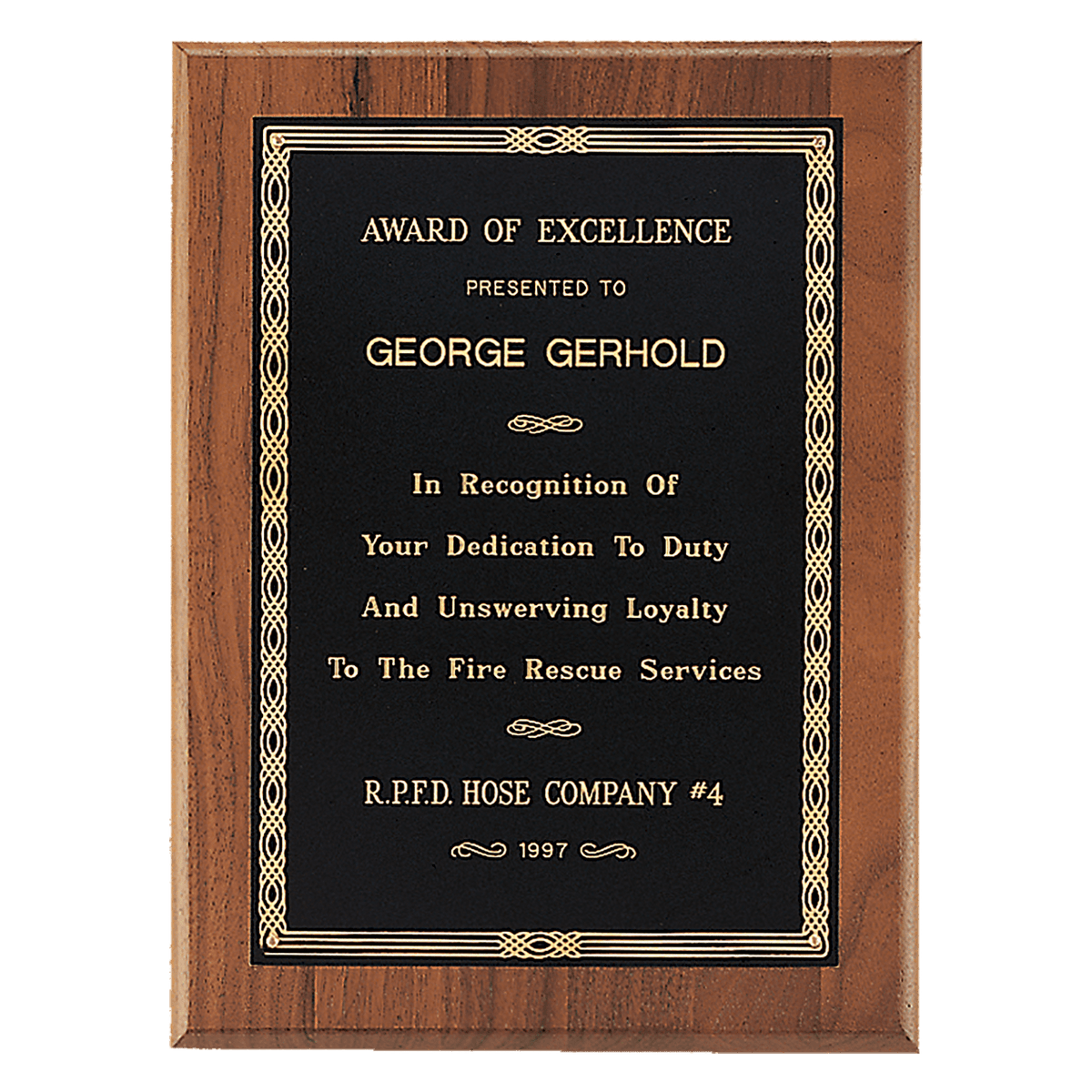 9" x 12" Jewelers Black Laserable Gold Border Plate on an American Walnut Plaque- Sheffield Series